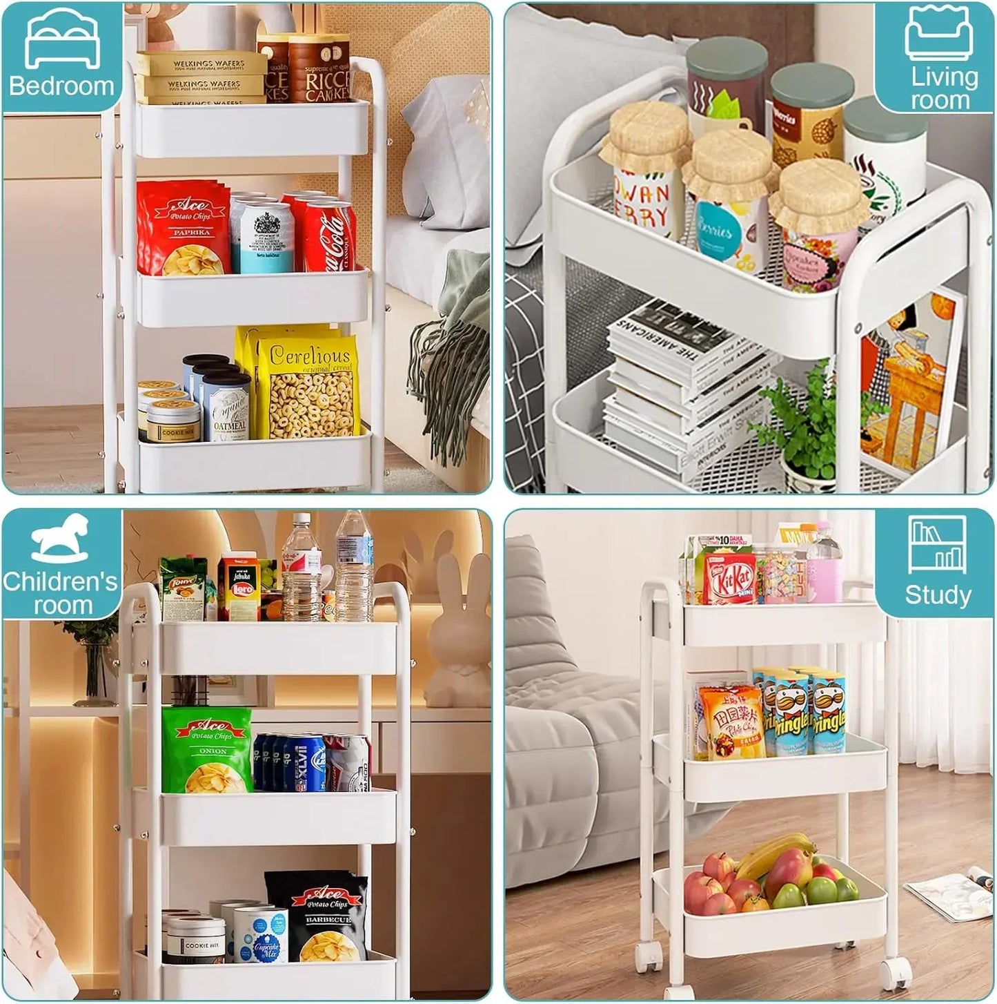 3-Tier Rolling Storage Cart with 6 Hooks - Heavy Duty Mobile Utility Organizer