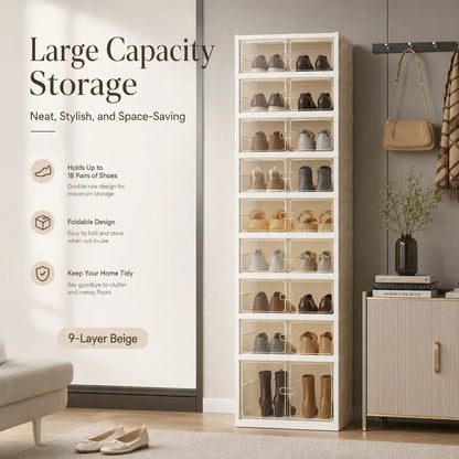 9-Tier Folding Shoe Rack – Large Capacity Magnetic Transparent Shoe Cabinet