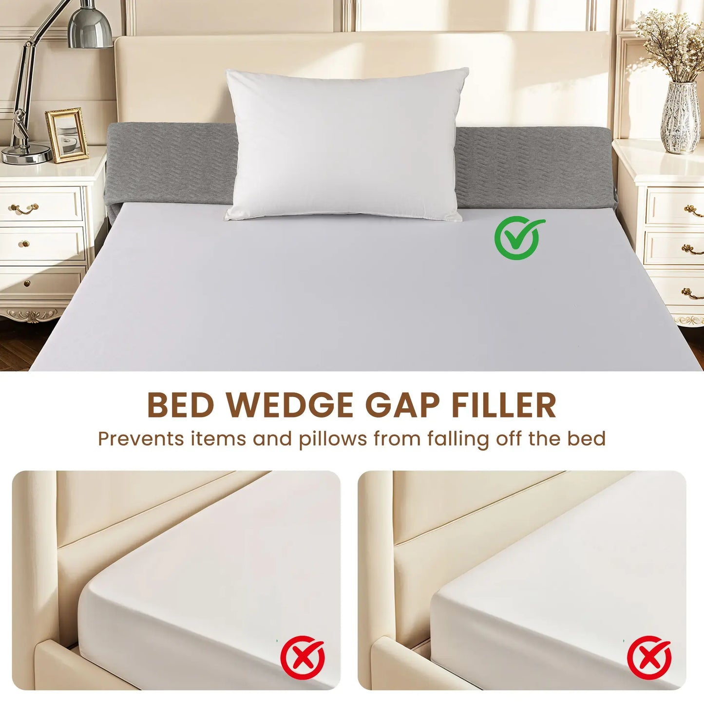 Bed Wedge Pillow Headboard Mattress Gap Filler with Side Storage Pockets