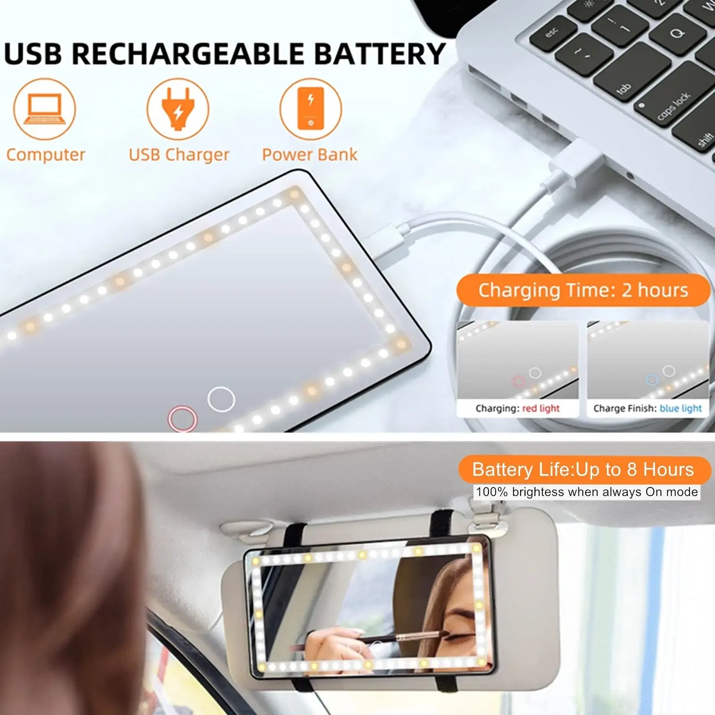 LED Car Sun Visor Vanity Mirror - USB Rechargeable Makeup Mirror with Dimmable Light