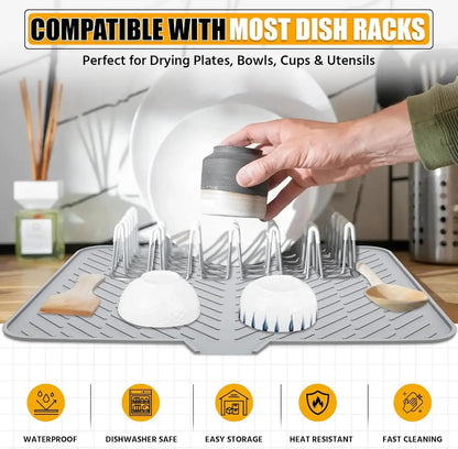 Large Silicone Dish Drying Mat – Heat Resistant Kitchen Counter Drainer Tray