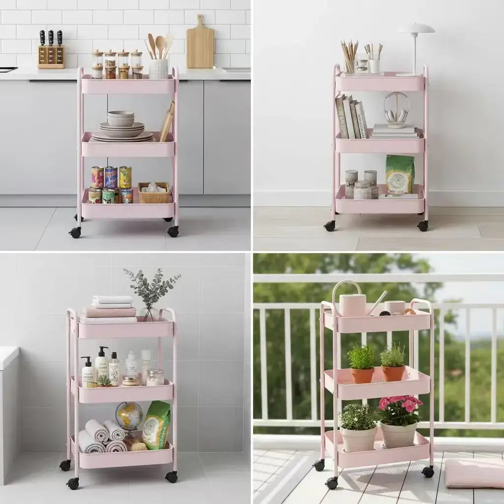 3-Tier Rolling Storage Cart with 6 Hooks - Heavy Duty Mobile Utility Organizer