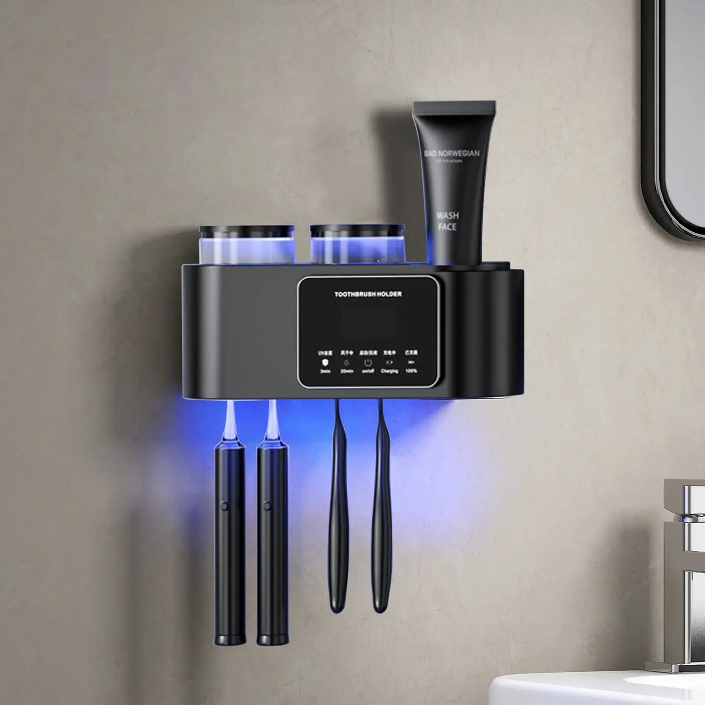Wall Mounted Toothbrush Holder with UV Smart Sterilizer & 2 Drying Cups
