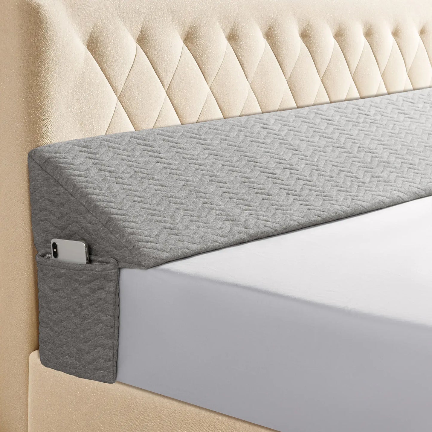 Bed Wedge Pillow Headboard Mattress Gap Filler with Side Storage Pockets
