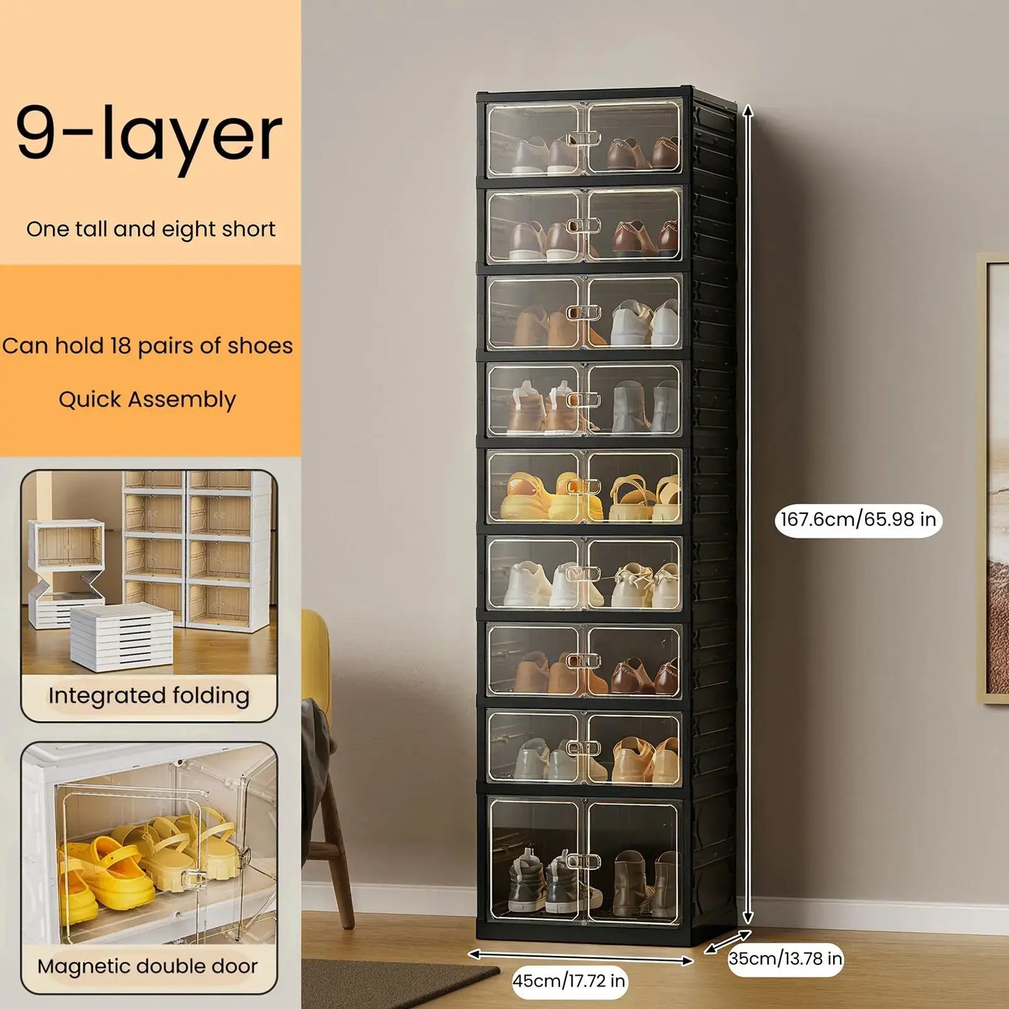 9-Tier Foldable Shoe Rack Organizer - Portable Clear Magnetic Door Storage Cabinet