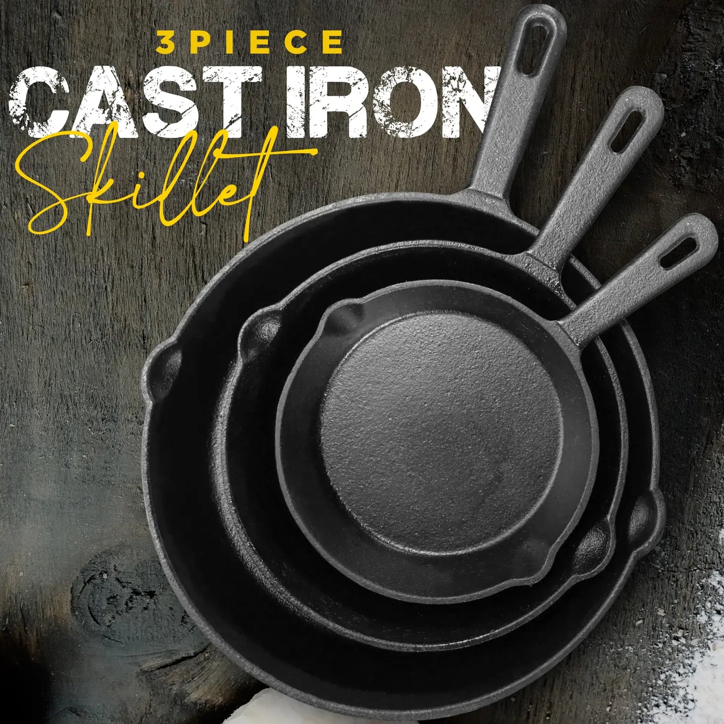 3-Piece Pre-Seasoned Cast Iron Skillet Set - Durable 6", 8", & 10" Frying Pans