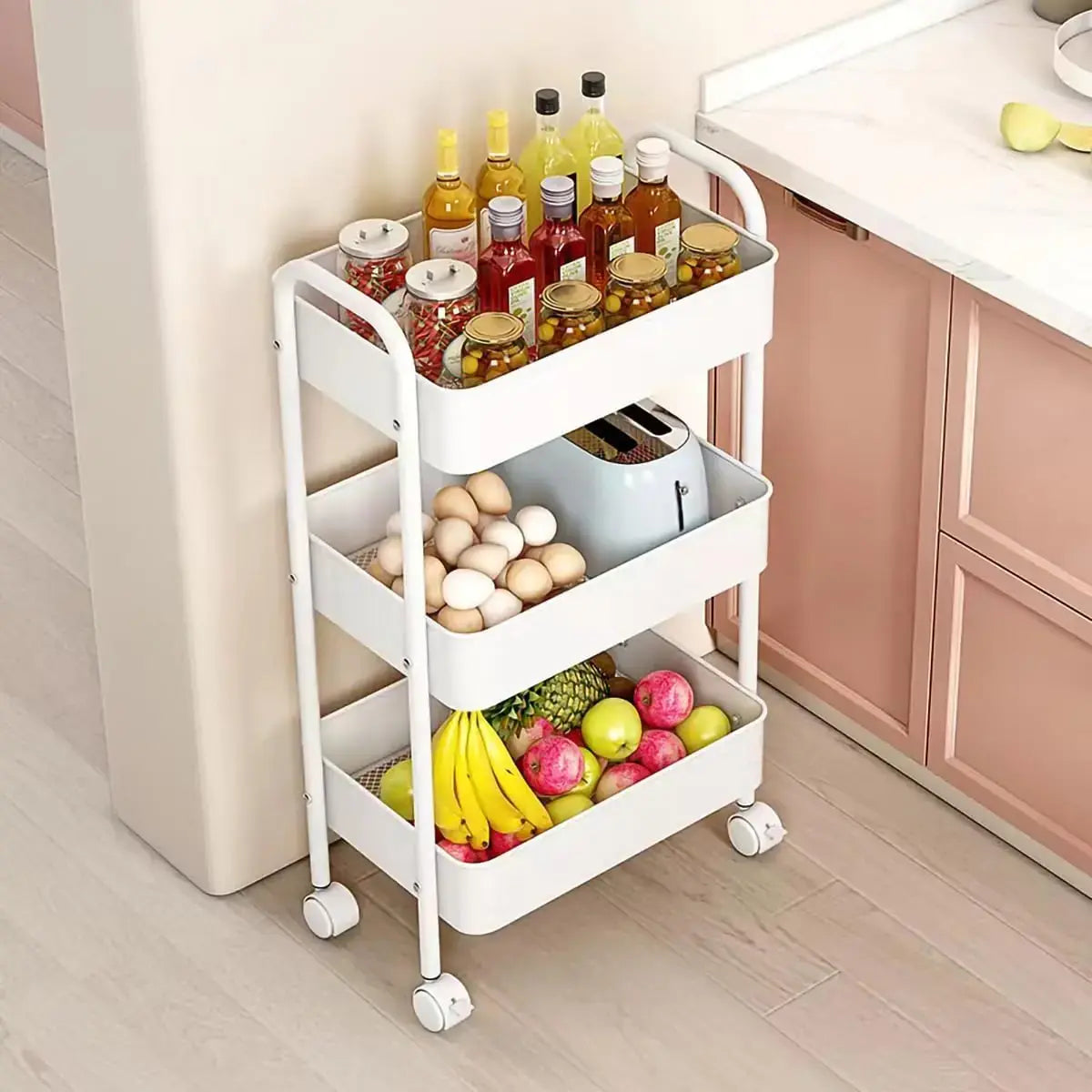 3-Tier Rolling Storage Cart with 6 Hooks - Heavy Duty Mobile Utility Organizer