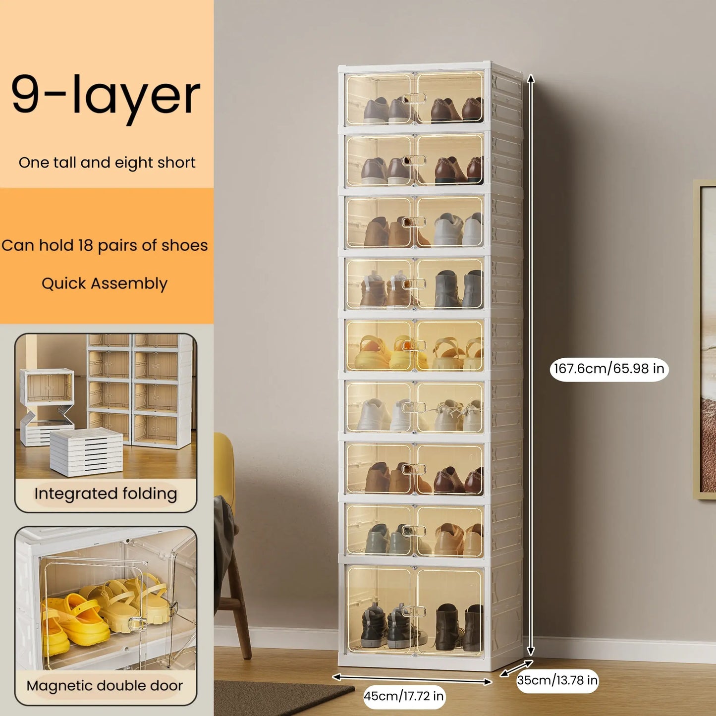 9-Tier Folding Shoe Rack – Large Capacity Magnetic Transparent Shoe Cabinet