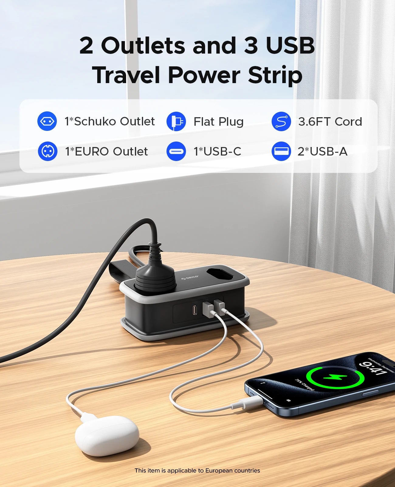 Compact EU Travel Power Strip with 3 USB Ports & 1.1M Extension Cord - 2