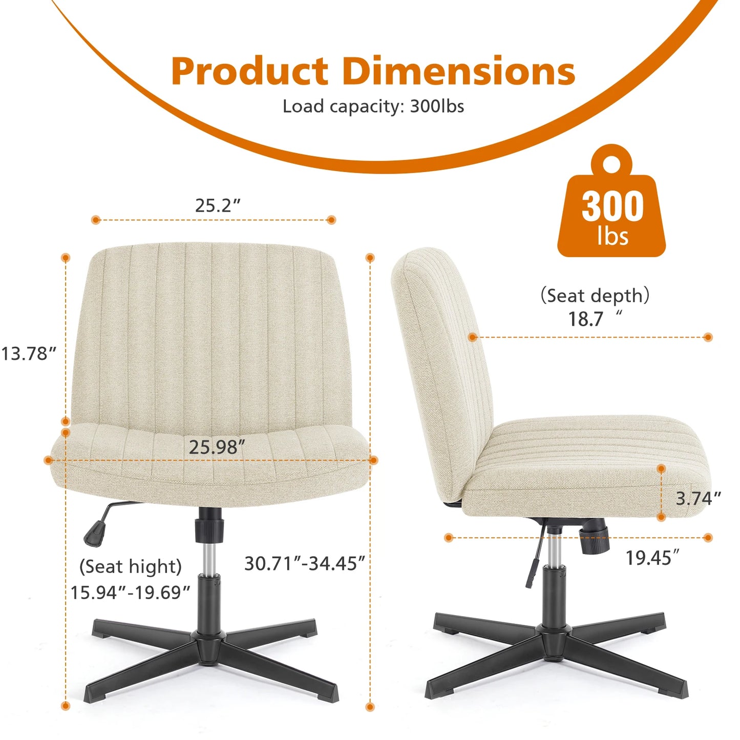 Wide Armless Cross-Legged Office Chair - Adjustable Swivel Vanity Desk Chair