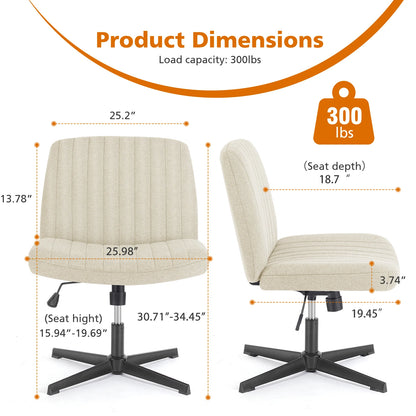 Wide Armless Cross-Legged Office Chair - Adjustable Swivel Vanity Desk Chair