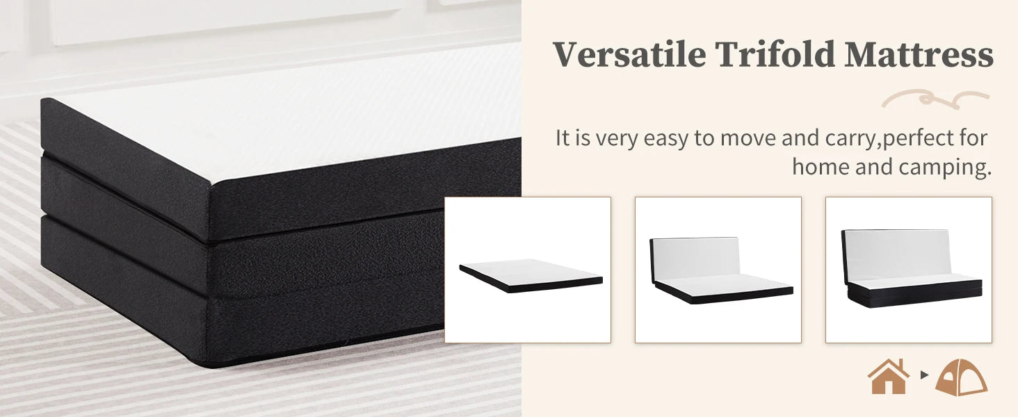 Portable Tri-Fold Memory Foam Mattress - Foldable Floor Bed for Guest & Travel - 8