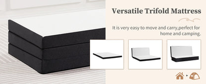 Portable Tri-Fold Memory Foam Mattress - Foldable Floor Bed for Guest & Travel