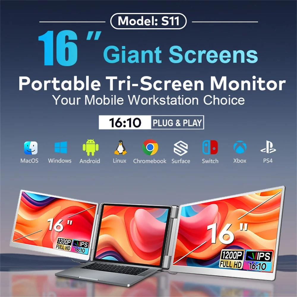 Portable Triple Screen Laptop Extender - 16" FHD IPS Dual Monitor Setup - 4