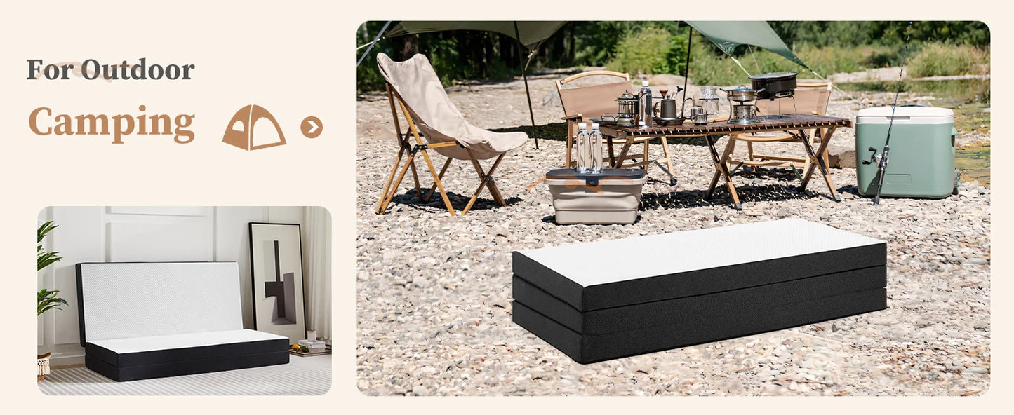 Portable Tri-Fold Memory Foam Mattress - Foldable Floor Bed for Guest & Travel