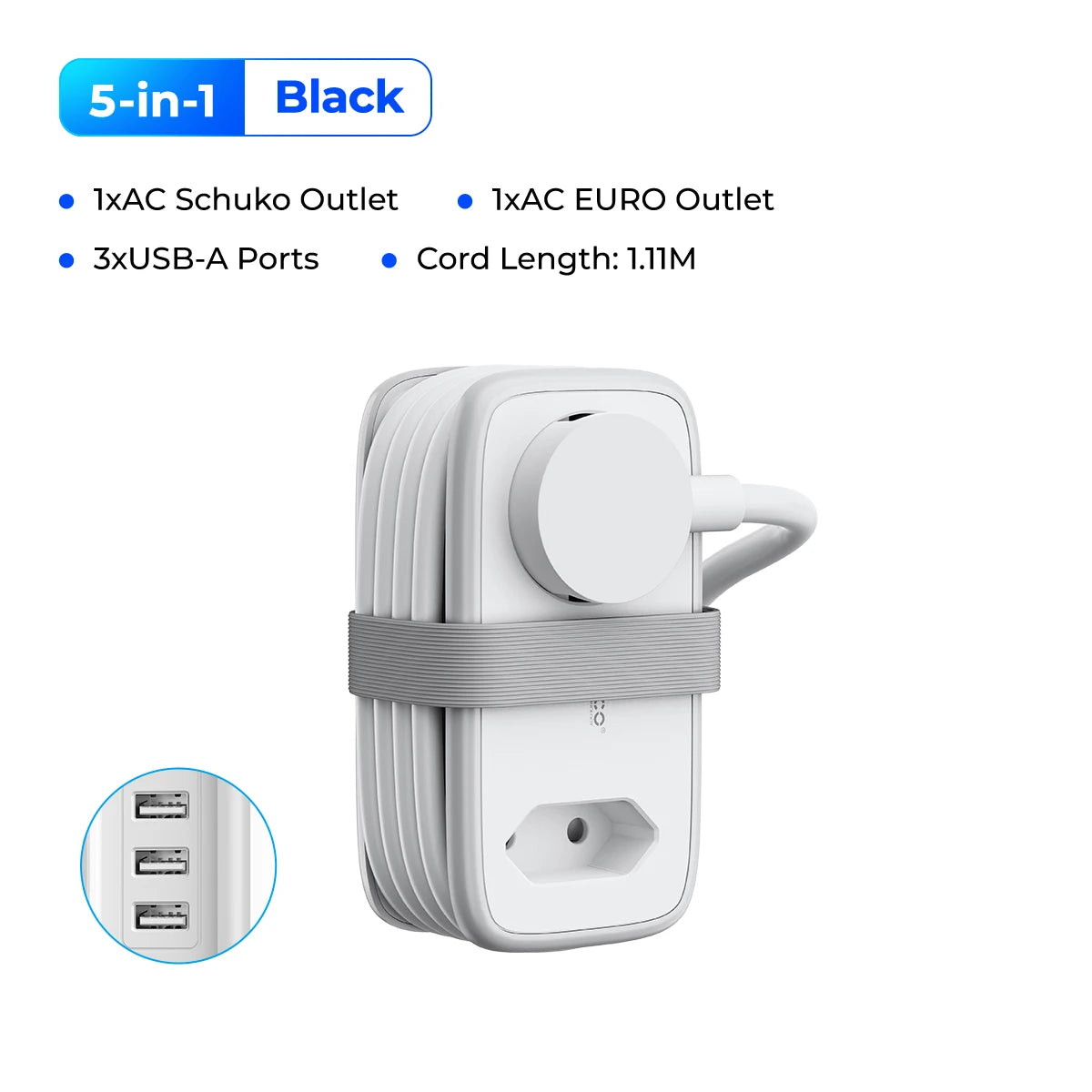 Portable EU Travel Power Strip with USB-C & Fast Charging – 5-in-1 Compact