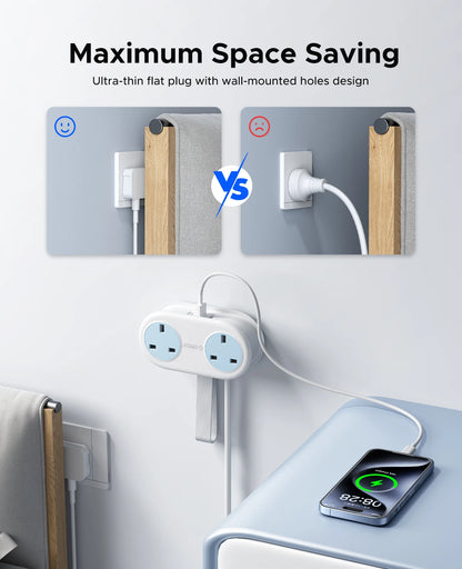 ORICO 5-in-1 UK Power Strip with USB-C, 2 AC Outlets & 1.2M Extension Cord