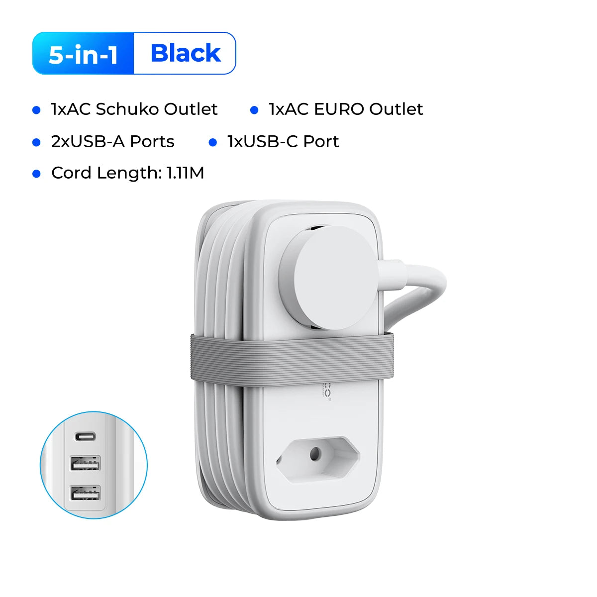 Portable EU Travel Power Strip with USB-C & Fast Charging – 5-in-1 Compact