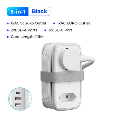 Portable EU Travel Power Strip with USB-C & Fast Charging – 5-in-1 Compact