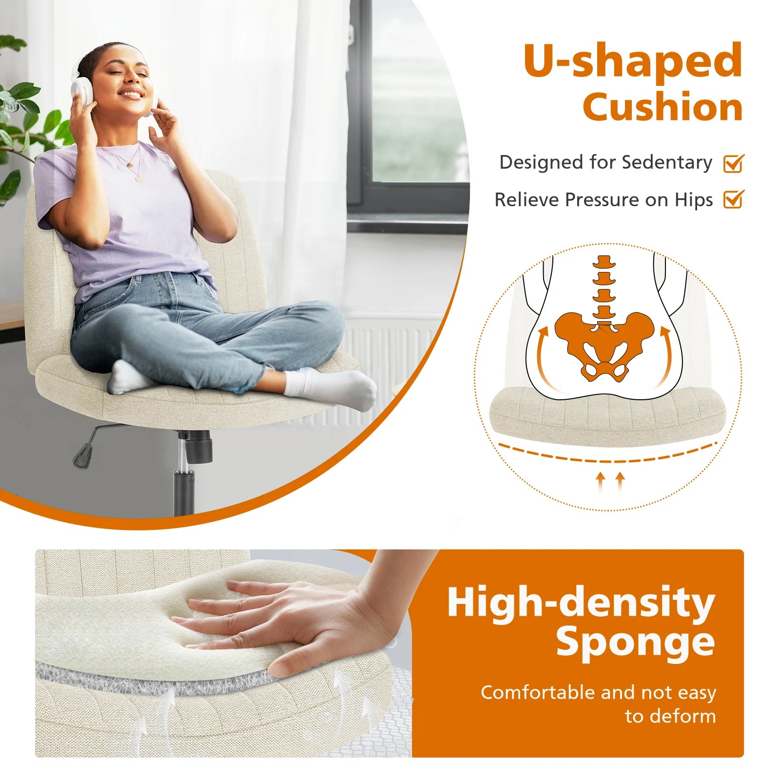 Wide Armless Cross-Legged Office Chair - Adjustable Swivel Vanity Desk Chair - 13