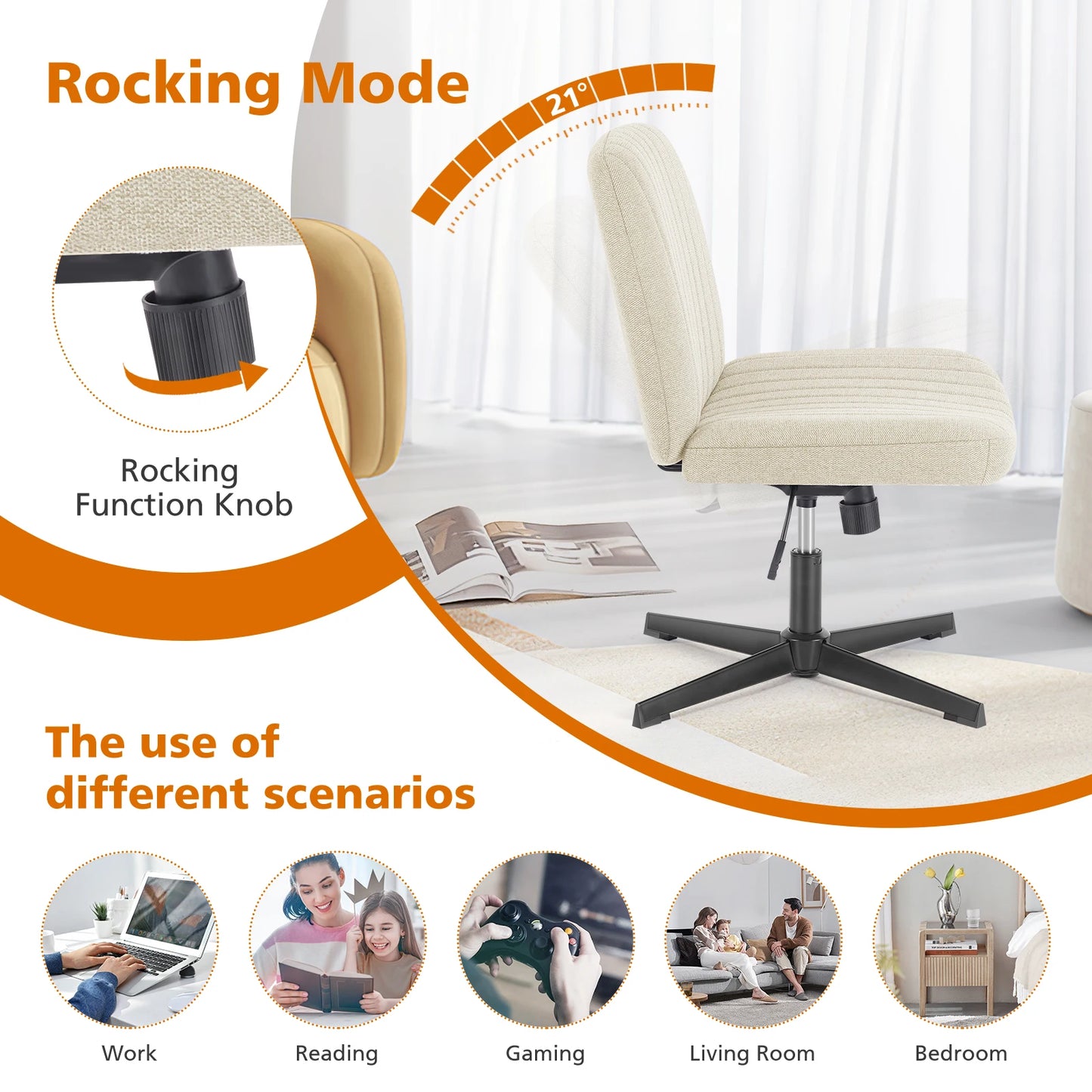 Wide Armless Cross-Legged Office Chair - Adjustable Swivel Vanity Desk Chair