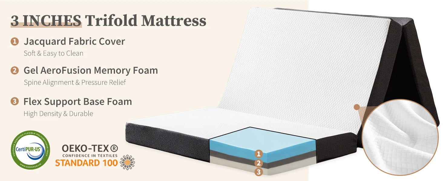 Portable Tri-Fold Memory Foam Mattress - Foldable Floor Bed for Guest & Travel - 10