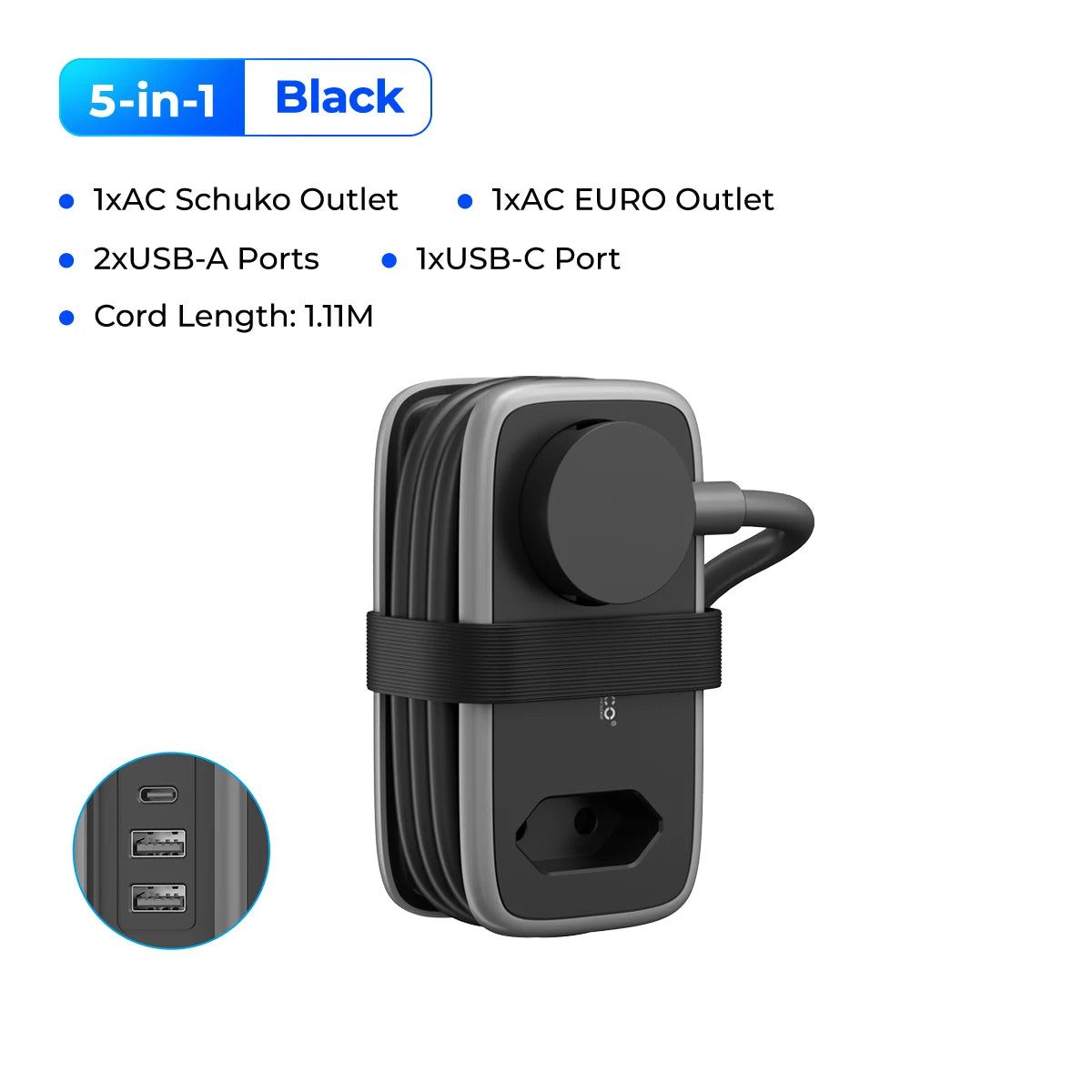 Compact EU Travel Power Strip with 3 USB Ports & 1.1M Extension Cord