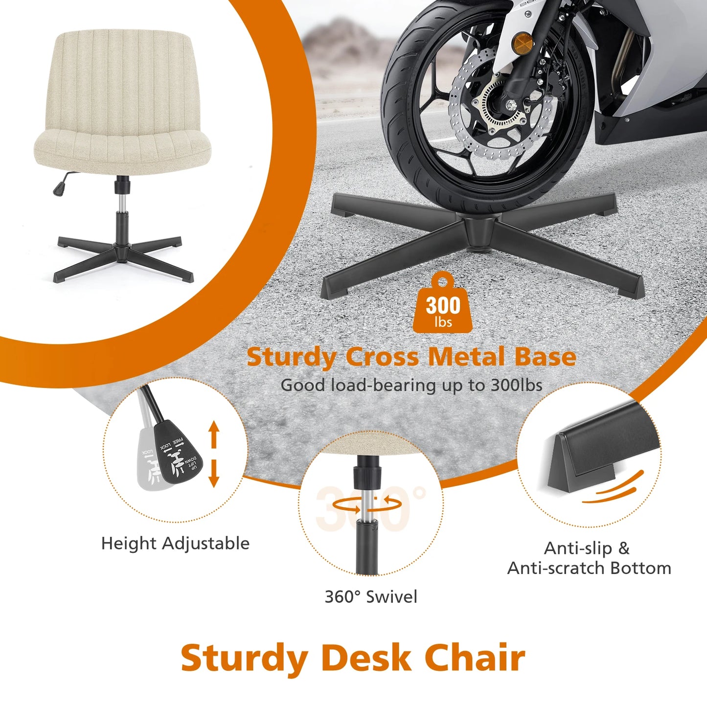 Wide Armless Cross-Legged Office Chair - Adjustable Swivel Vanity Desk Chair
