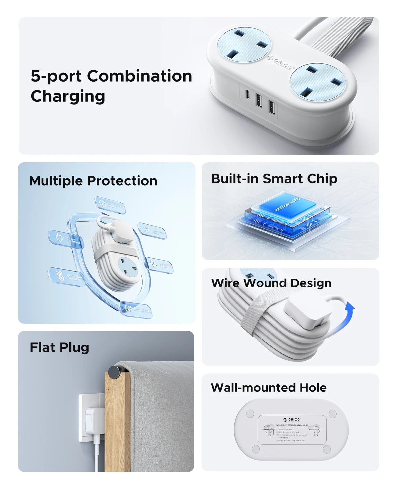 ORICO 5-in-1 UK Power Strip with USB-C, 2 AC Outlets & 1.2M Extension Cord - 3