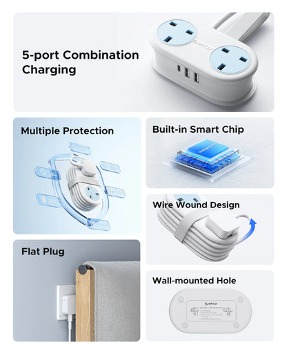 ORICO 5-in-1 UK Power Strip with USB-C, 2 AC Outlets & 1.2M Extension Cord