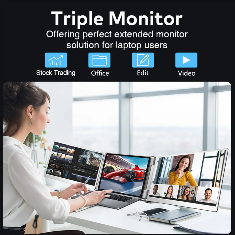 Portable Triple Screen Laptop Extender - 16" FHD IPS Dual Monitor Setup - 13