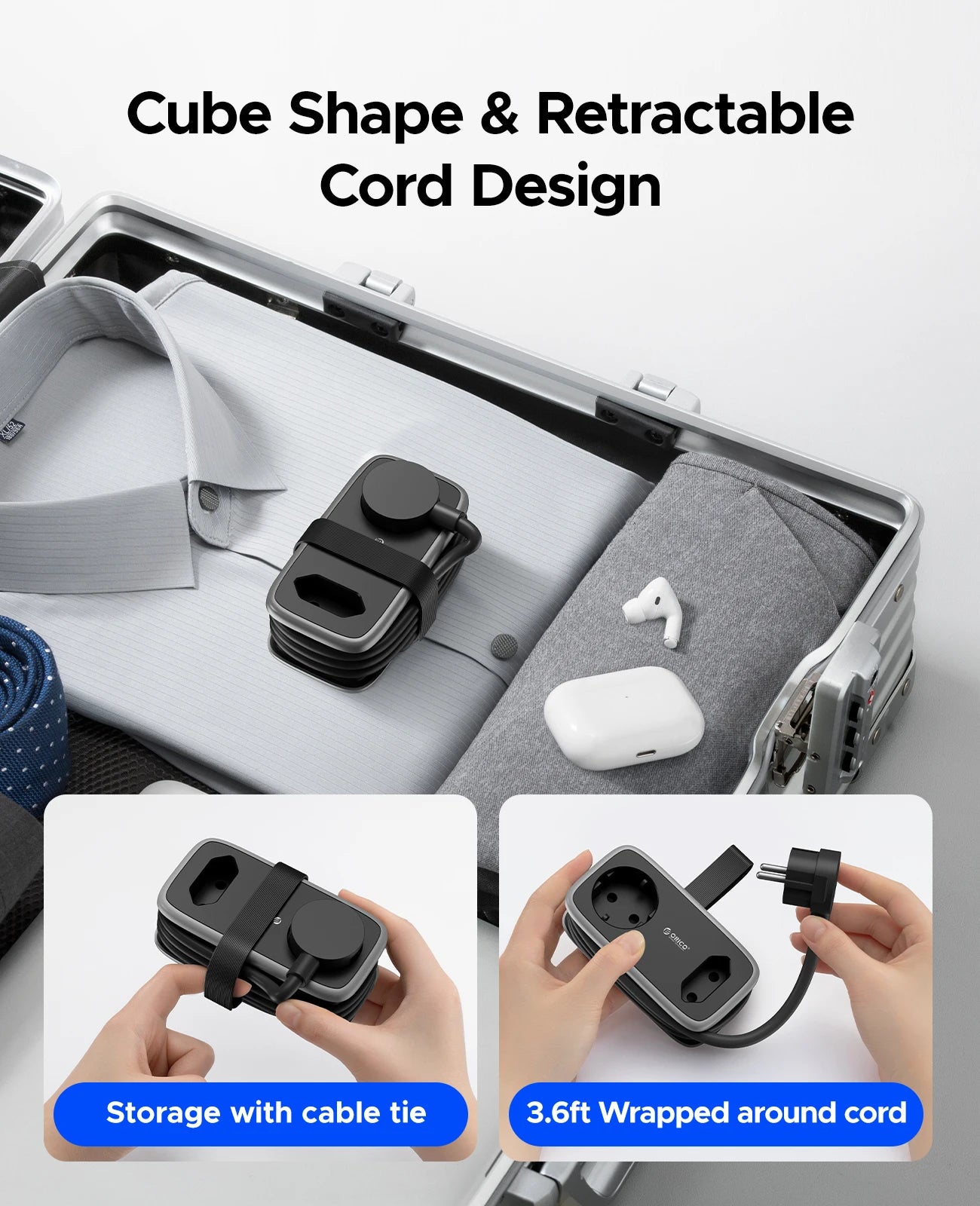 Compact EU Travel Power Strip with 3 USB Ports & 1.1M Extension Cord - 6