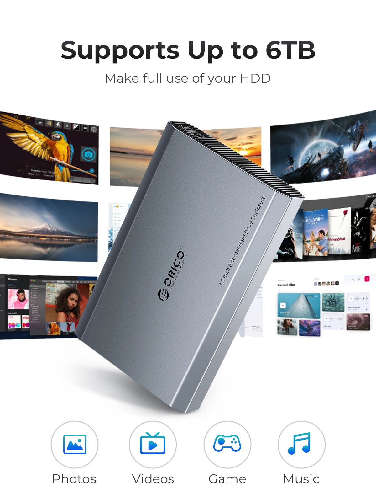 ORICO 3.5" SATA Hard Drive Enclosure USB 3.0/Type-C External HDD Case - 12