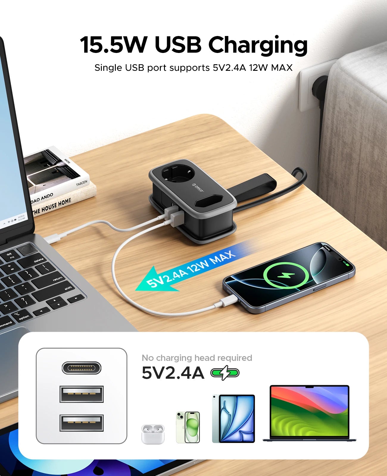 Portable EU Travel Power Strip with USB-C & Fast Charging – 5-in-1 Compact