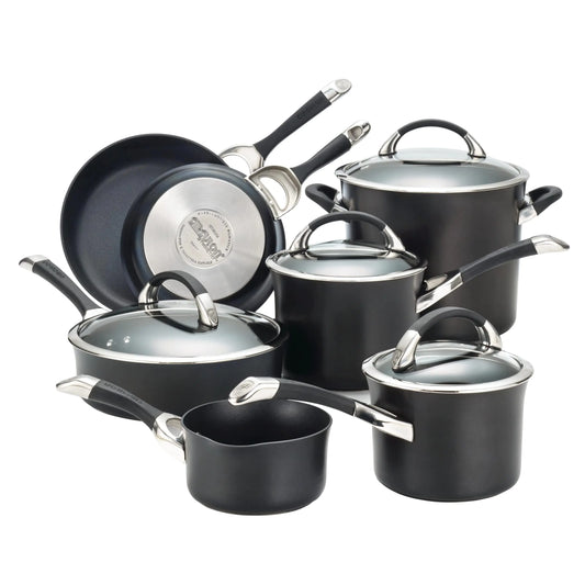 11-Piece Hard Anodized Nonstick Cookware Set - Induction Compatible Pots and Pans with Glass Lids - Dishwasher Safe