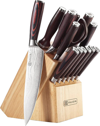 14-Piece Kitchen Knife Set with Block - High Carbon Stainless Steel Professional Chef Knife Set with Steak Knives and Sharpening Rod