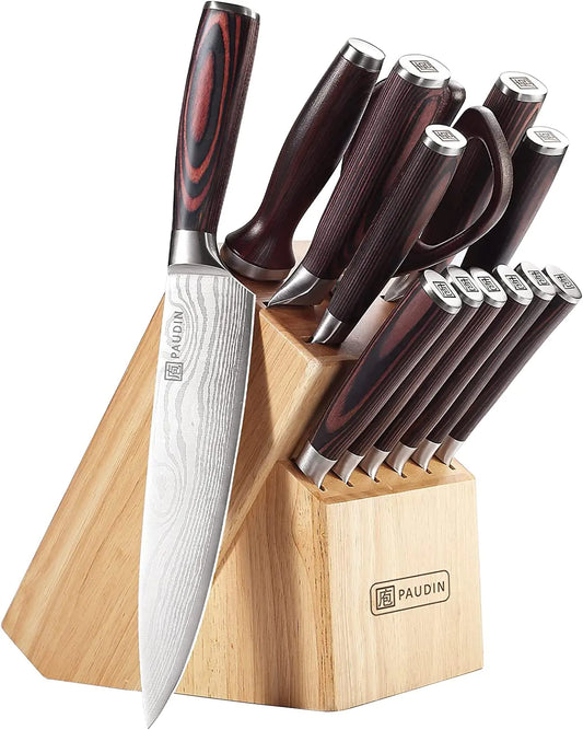 14-Piece Kitchen Knife Set with Block - High Carbon Stainless Steel Professional Chef Knife Set with Steak Knives and Sharpening Rod