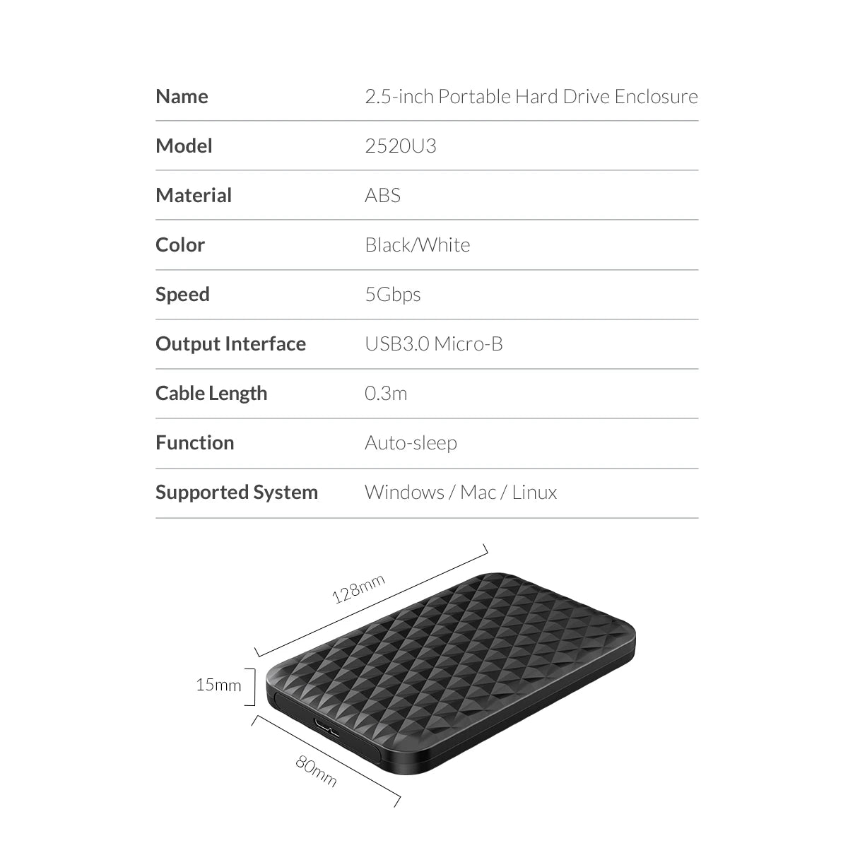 Orico 2.5" USB 3.0 SATA Hard Drive Enclosure - Tool-Free External SSD Case