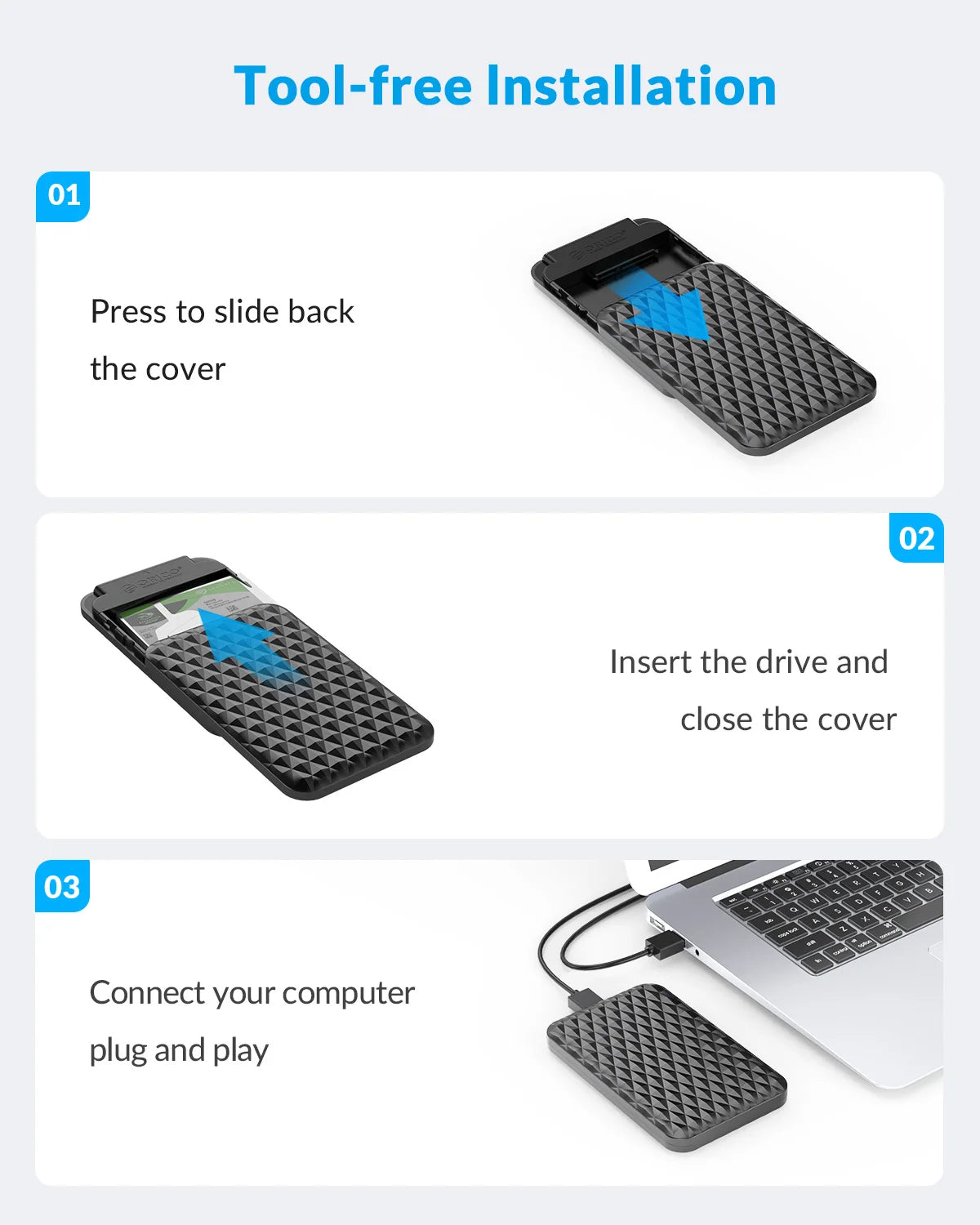 Orico 2.5" USB 3.0 SATA Hard Drive Enclosure - Tool-Free External SSD Case