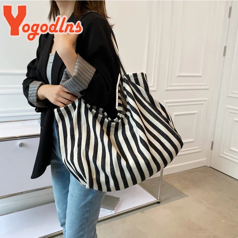Luxury Striped Canvas Tote Bag