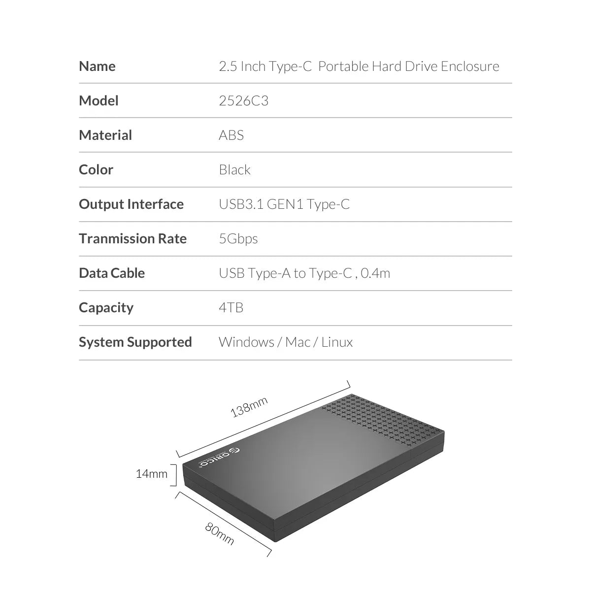 ORICO 2.5" USB-C Hard Drive Enclosure SATA to USB 3.1 SSD/HDD Adapter Case - 16
