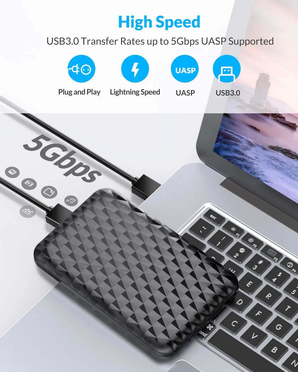 Orico 2.5" USB 3.0 SATA Hard Drive Enclosure - Tool-Free External SSD Case - 15