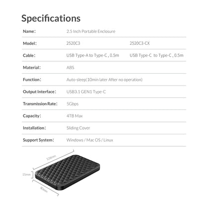 Orico 2.5" USB 3.0 SATA Hard Drive Enclosure - Tool-Free External SSD Case