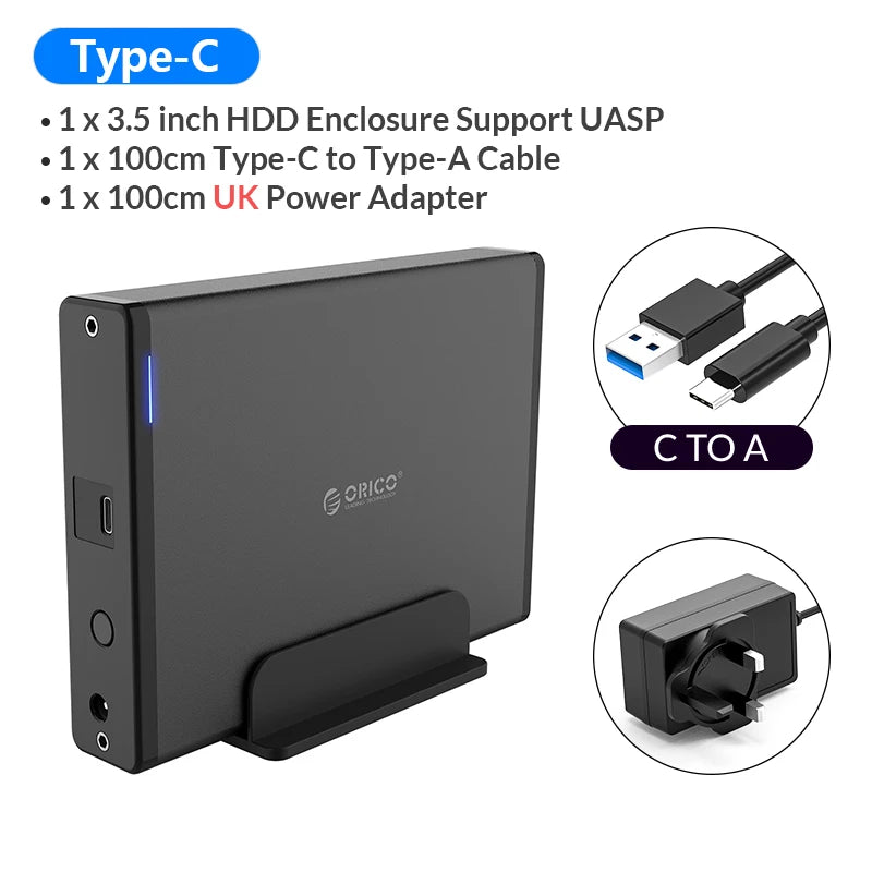 ORICO Aluminum 3.5" Hard Drive Enclosure - USB 3.1 Type-C HDD/SSD Case
