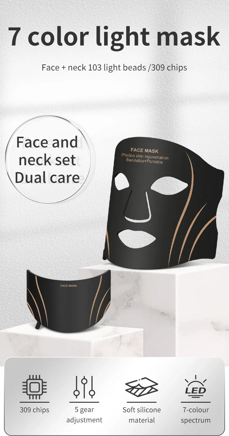 7-Color LED Face & Neck Mask – Wireless Silicone Phototherapy Rejuvenation Device - 7