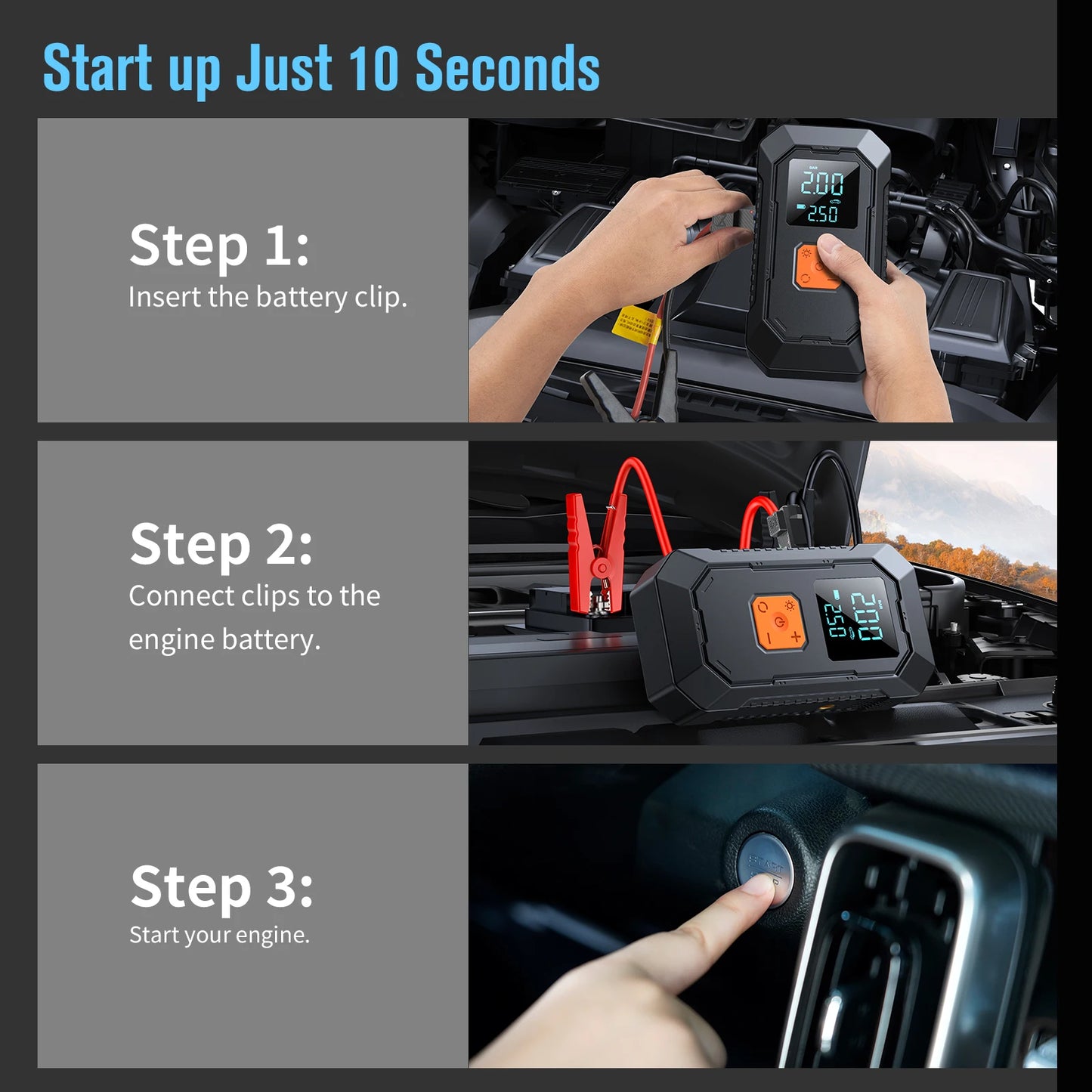 4-in-1 Portable Car Jump Starter & Tire Inflator with LED Light