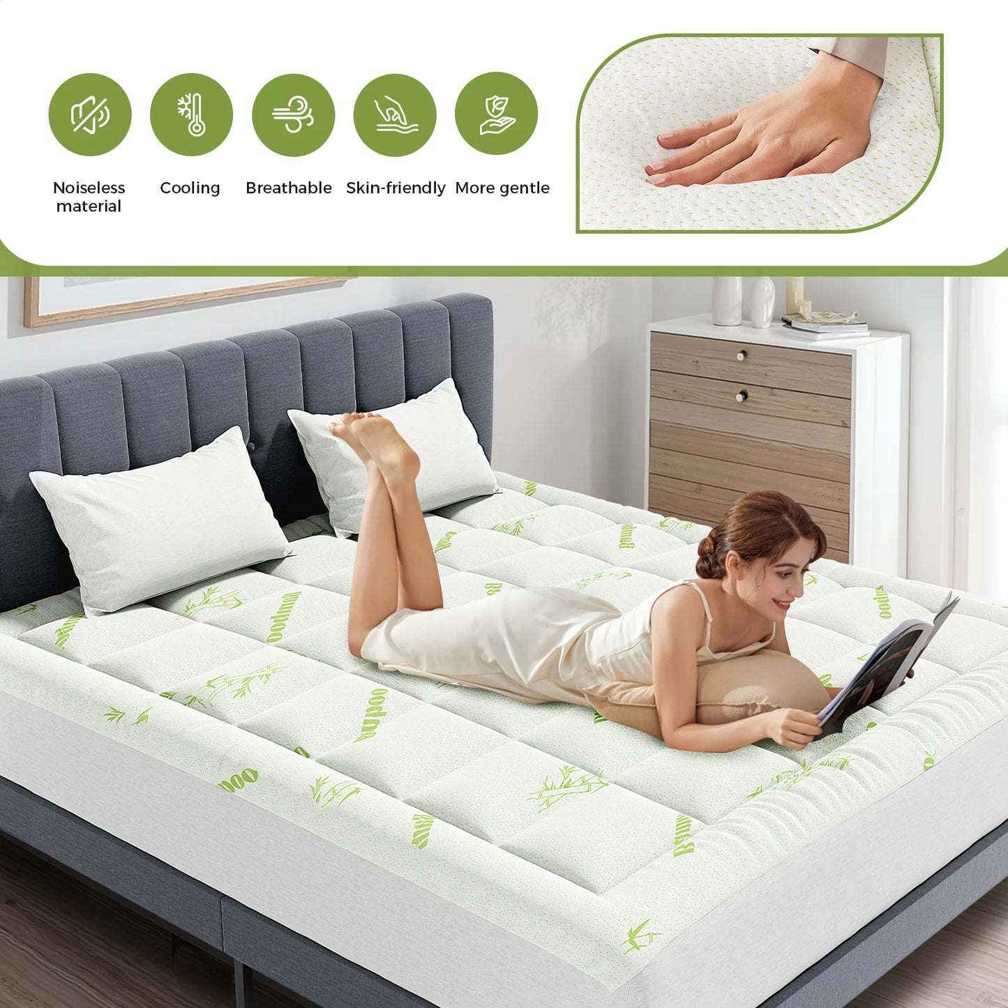 Bamboo Fiber Cooling Mattress Topper - Breathable Deep Pocket Mattress Pad