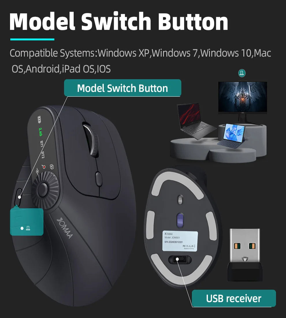 Ergonomic Wireless Vertical Mouse with Knob & Multi-Device Bluetooth