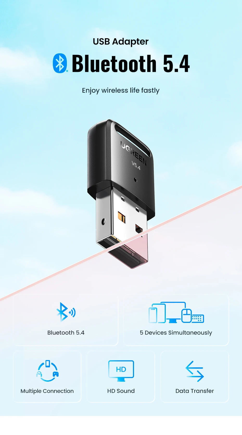 UGREEN Bluetooth 5.4 USB Adapter for PC - Wireless Dongle for Laptop - 8
