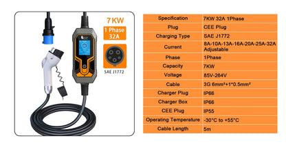 7KW Portable EV Charger Type 2 - Adjustable Current Electric Vehicle Cable